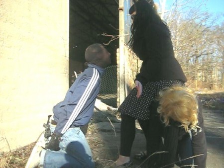 Outdoor Faceslapping  Ballbusting Training - The first outdoor trick in the spring 2011 with 2 slaves.  First there are slaps and ballbusting, are spanked the rear the carpet beater!