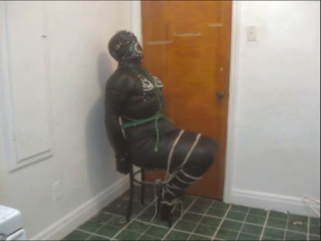 Chair Bound Fetish Shemale - Vanessa is bound and gagged on the chair, wearing hood, tight lycra hobble dress, and ballet boots