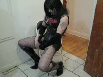 Goth Shemale Stroking With Gloves