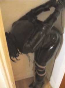 Closet Bound - Vanessa fetish, dressed in latex and pvc, is bound and gagged in the closet by sabrina spice, first in a strapado where she is left there until sabrina returns, then with her legs up