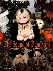The Sound Of Pumpkins - Did you ever hear the sound that pumpkins make on a chilly october halloween eve?
i don't think I ever did, until that night. I guess when you're cold and tired that has a lot to do with it. 
i don't know how long I sat there in his creepy pumpkin patch, bound and gagged, struggling to free myself from his insaneness. I heard all kinds of wild noises in the distance and being out there alone, my mind played tricks on me. The night seemed like it would never end. 
i could have sworn I heard noises from his pumpkins, like singing or something like that. Really bizarre. Would I ever make it through this chilling night? 

my tits were tied so tight, I could feel them swell like two balloons. The ropes in-twined around my shoulders, cutting hard into my delicate skin. My wrists were rigidly attached to my legs, almost as if they were one. I knew I would be there for awhile. 
i was so happy to see him when he finally came to check on me. He crouched down in front of me, not wasting any time as he began bargaining with me. "i"ll let you out cunt, if you give me a good blow job". I jumped at the opportunity to be free from his bondage. This deal I made with the devil. I felt the ropes coming undone and my skin began to itch really bad and then it stung, almost like open wounds. I began to get wet and excited that he could make me feel this way. I rubbed my pussy hard, to let him see that I liked what he did to me, in my own sick little way. 

his cock found it's way hard into my mouth and I sucked him for so long. I sucked like I never sucked before, wanting to get in his good graces, to maybe even bargain a little bit more. I was almost delirious from being out there so long. Tired, hungry, cold and hurting. I kept sucking and sucking, pleasing him. 
above his moans of pleasure, I heard the autumn wind, or could it be the sound of pumpkins singing? 

action: rope bondage, tit tie, blowjob, tit/nipple . 

items used: un-manilla rope, silk scarf gag, whartonburg wheel.