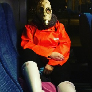 Bus Ride - Bus ride in puplic, whit white hunter's gasmask and blue hands